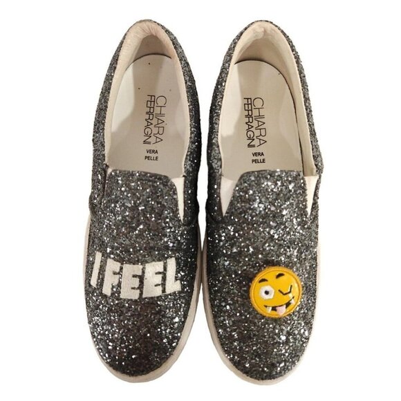 Chiara Ferragni I Feel Flat Glittered Emoji Sneakers 39 9 Silver - Picture 9 of 10